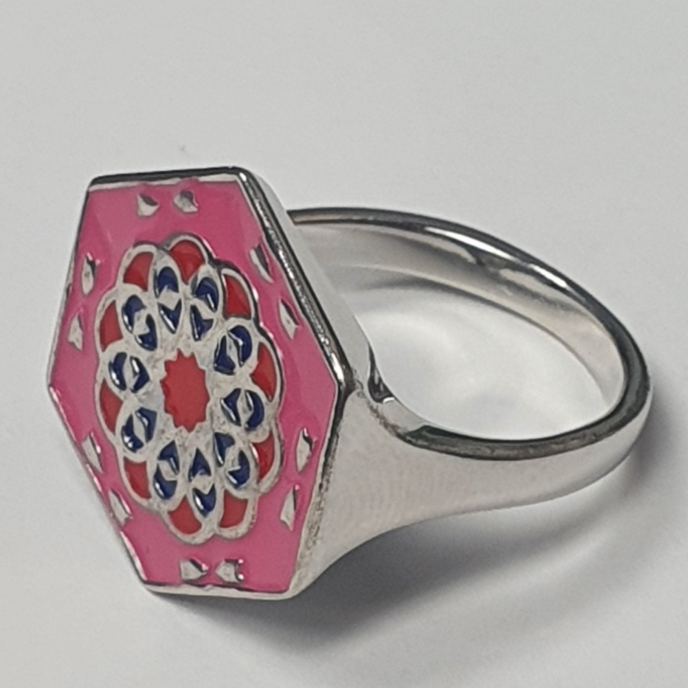Product photo for 7.60g 925 Silver Pink Enamel with Red & Blue Flower Hexagon Shaped Dress Ring
