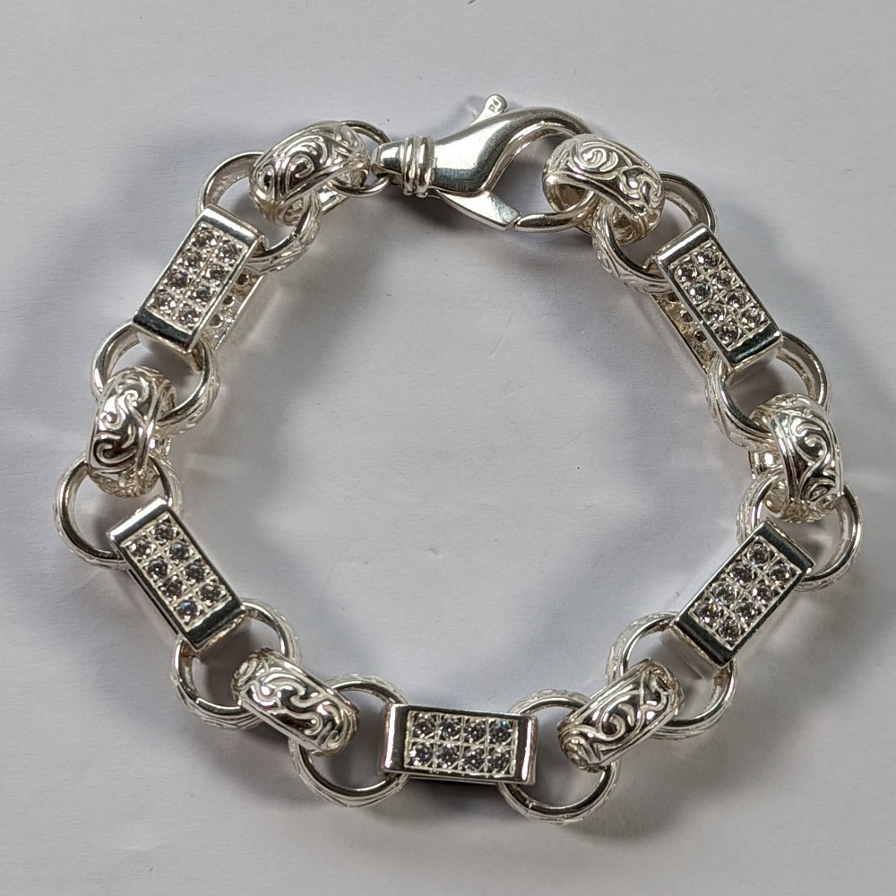 Product photo for Brand New 925 Silver Belcher & Rectangular Links with CZ Bracelet