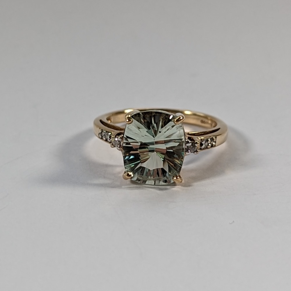Product photo for 9ct Gold Rectangular Shape Light Green Stone & Diamond Ring Size N