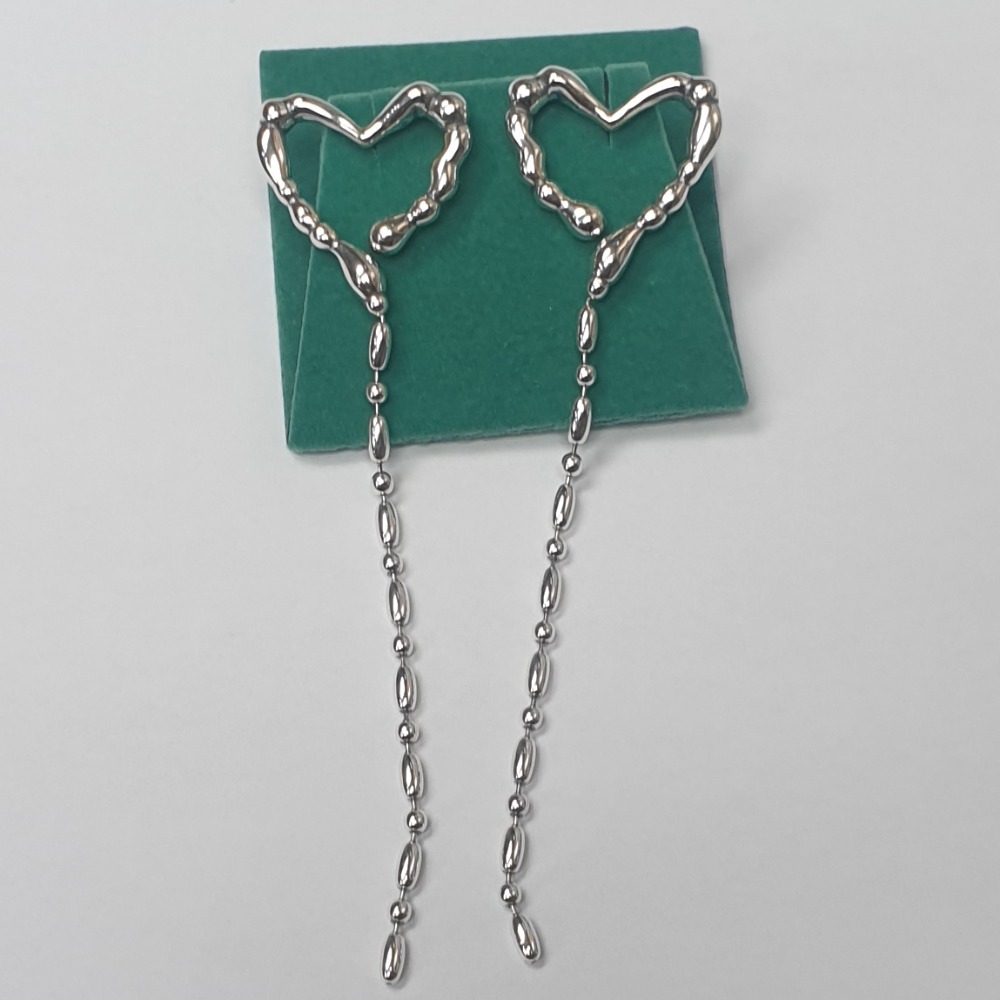 Product photo for Brand New 925 Silver Bamboo Style Heart Stud with A Long Dangle Tassel