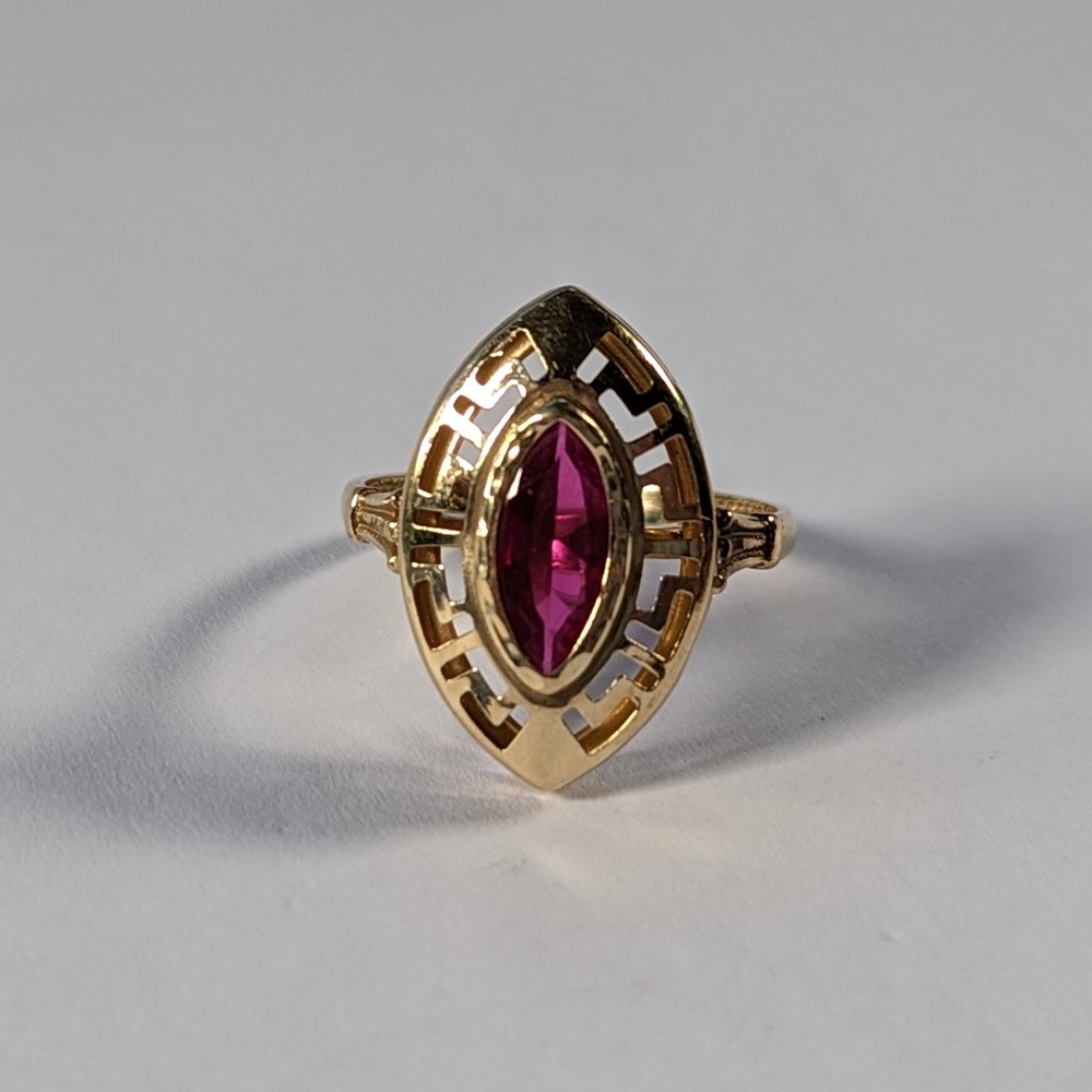 Product photo for 14ct Gold Marquise Shape Synthetic Ruby Key Pattern Dress Ring Size Q1/2
