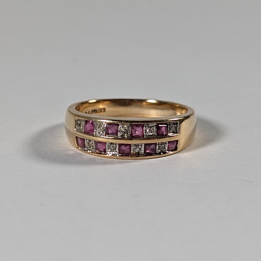 Product photo for 9ct Gold Square Ruby & Round Diamond Half Band Dress Ring Size O