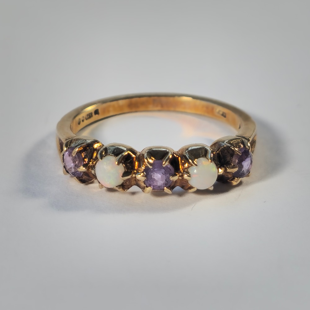 Product photo for 9ct Gold Opal & Purple Stone Half Band Ring Size L1/2