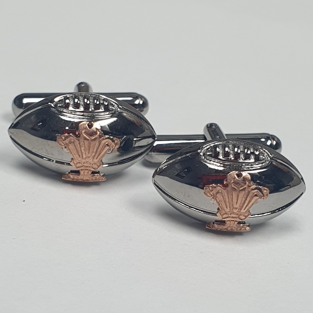 Product photo for Clogau I Am Wales Rugby Ball Cufflinks, 2015 World Cup, Silver with Ruthenium Plated and Welsh Gold