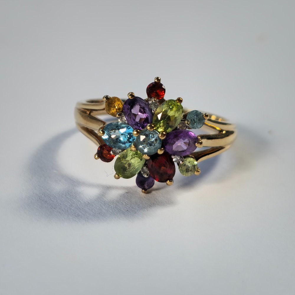 Product photo for 9ct Gold Multi Colour Stone Flower Dress Ring Size O1/2