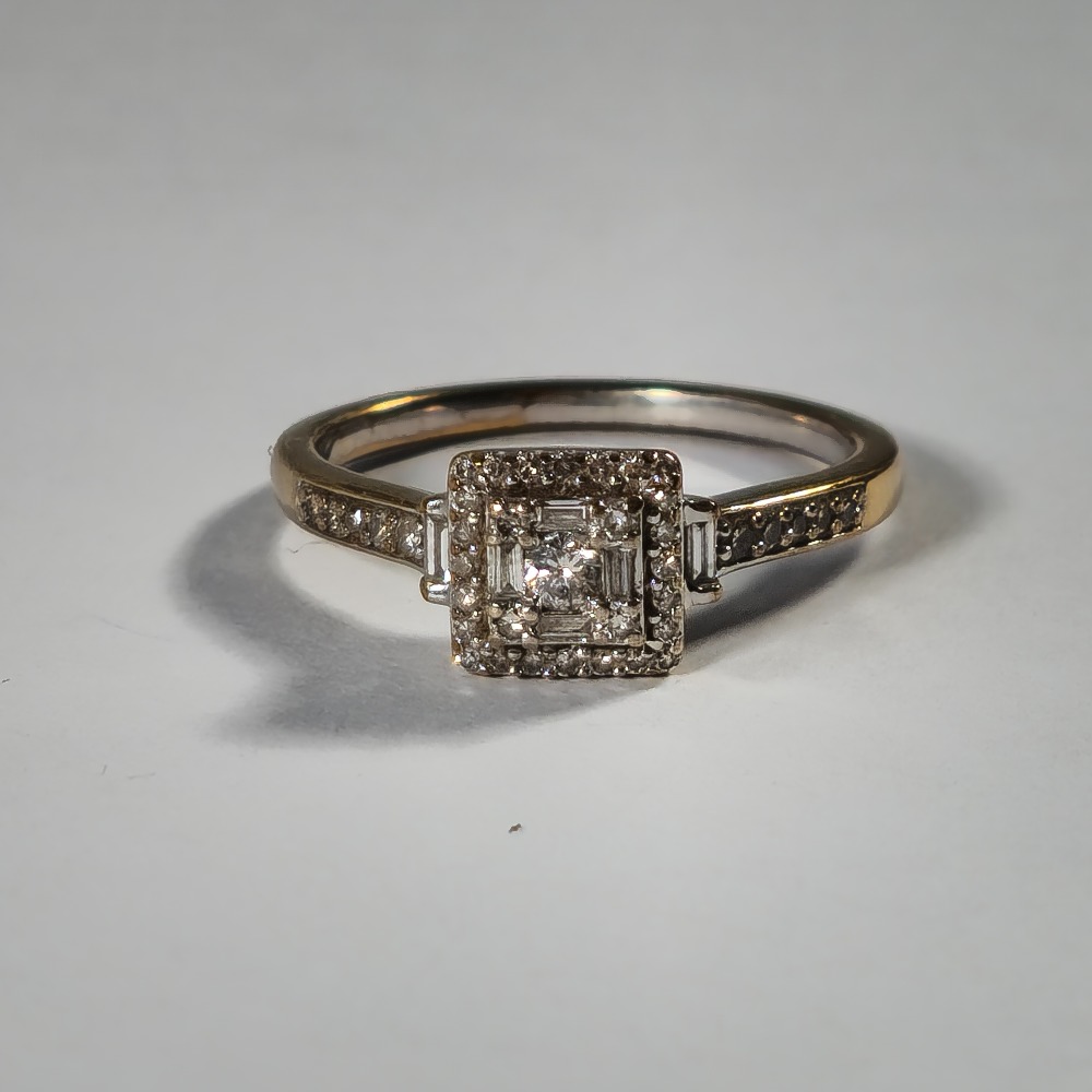 Product photo for 9ct White Gold 0.25ct Round & Baguette Square Halo Ring Size K1/2