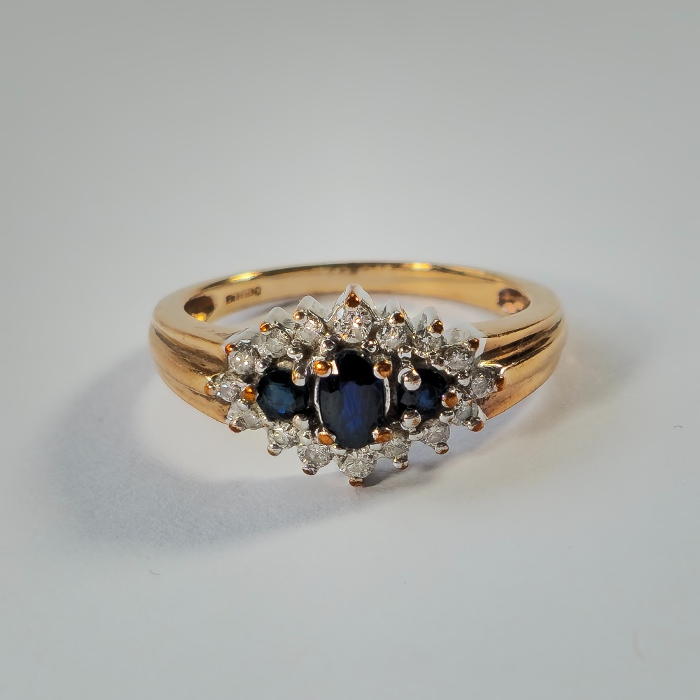 Product photo for 9ct Gold Blue Sapphire & Diamond Trilogy Boat Cluster Ring Size M