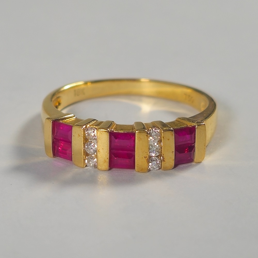 Product photo for 18ct Gold Baguette Red Ruby & White Sparkly Diamond Half Band Dress Ring Size O