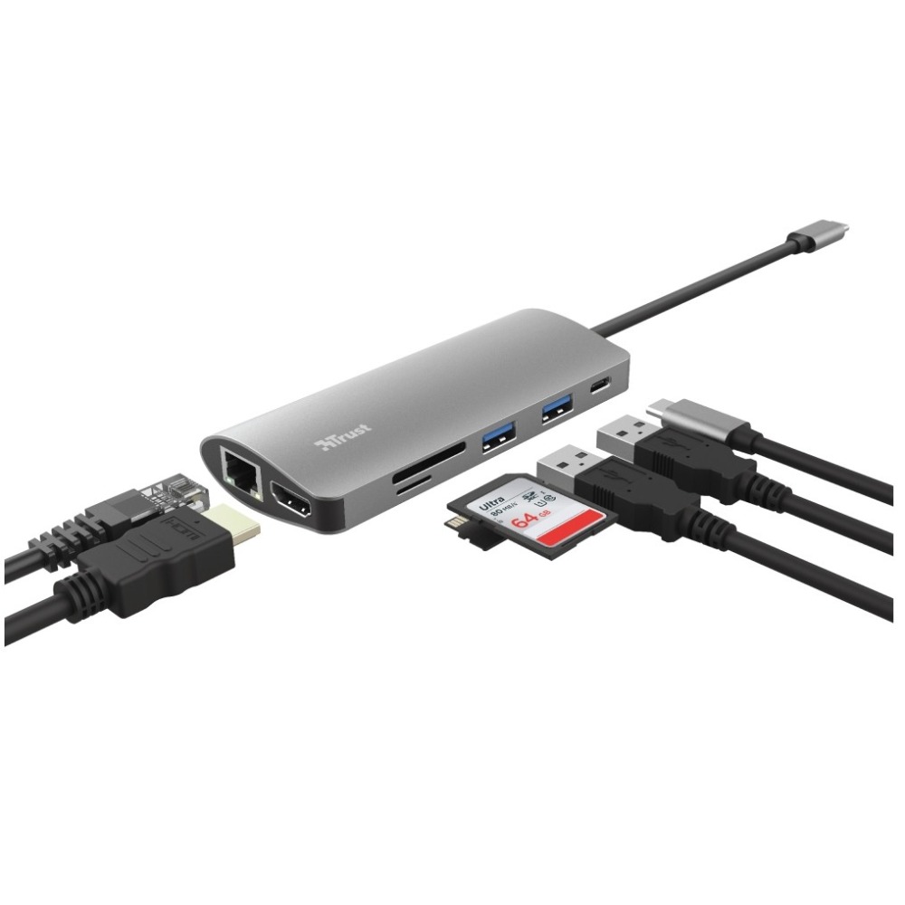 Product photo for Trust 23775 Dalyx USB-C to 7-in-1 Multiport Adapter Hub - Silver New