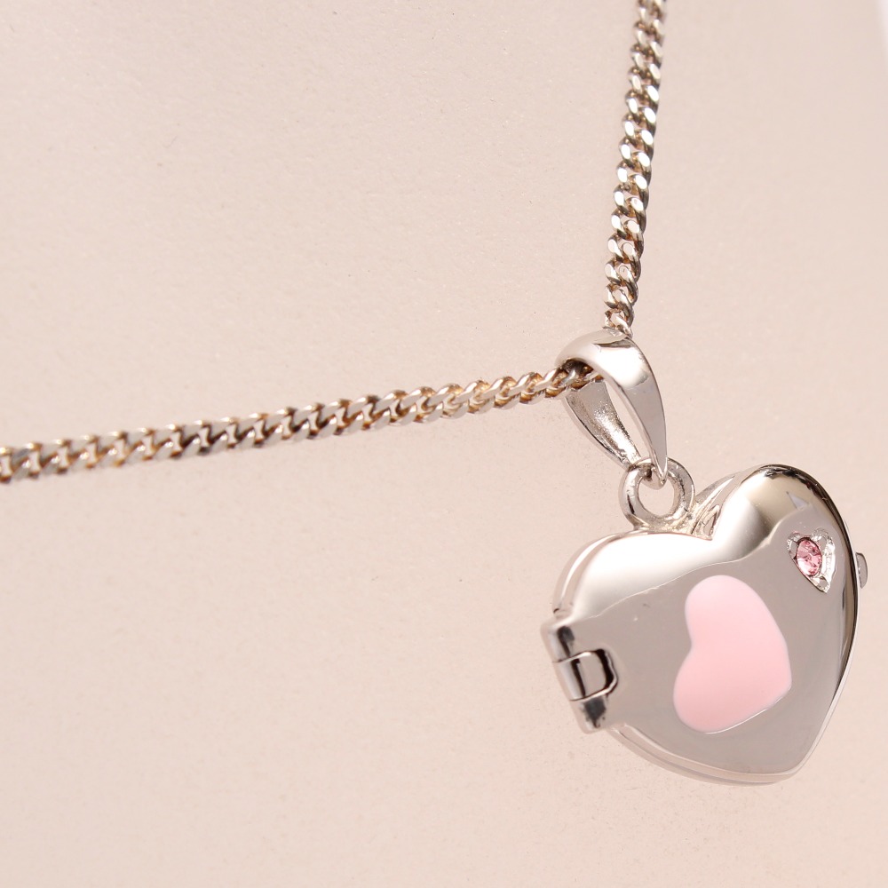 Product photo for Unbranded 925 Sterling Silver Pink Stone & Enamel Heart Picture Locket with 16