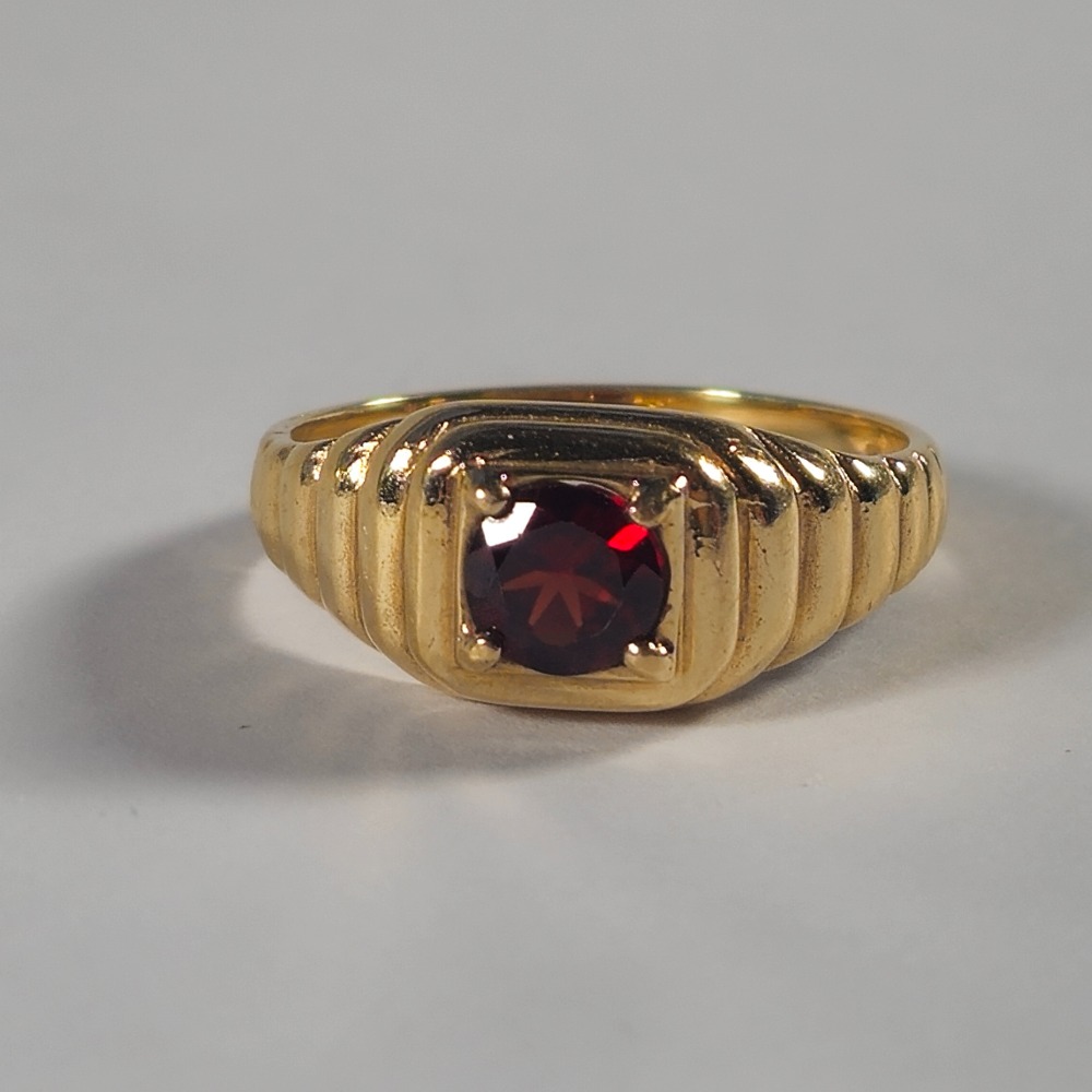 Product photo for 9ct Gold Round Orangey Red Garnet Rolex Style Signet Ring Size R