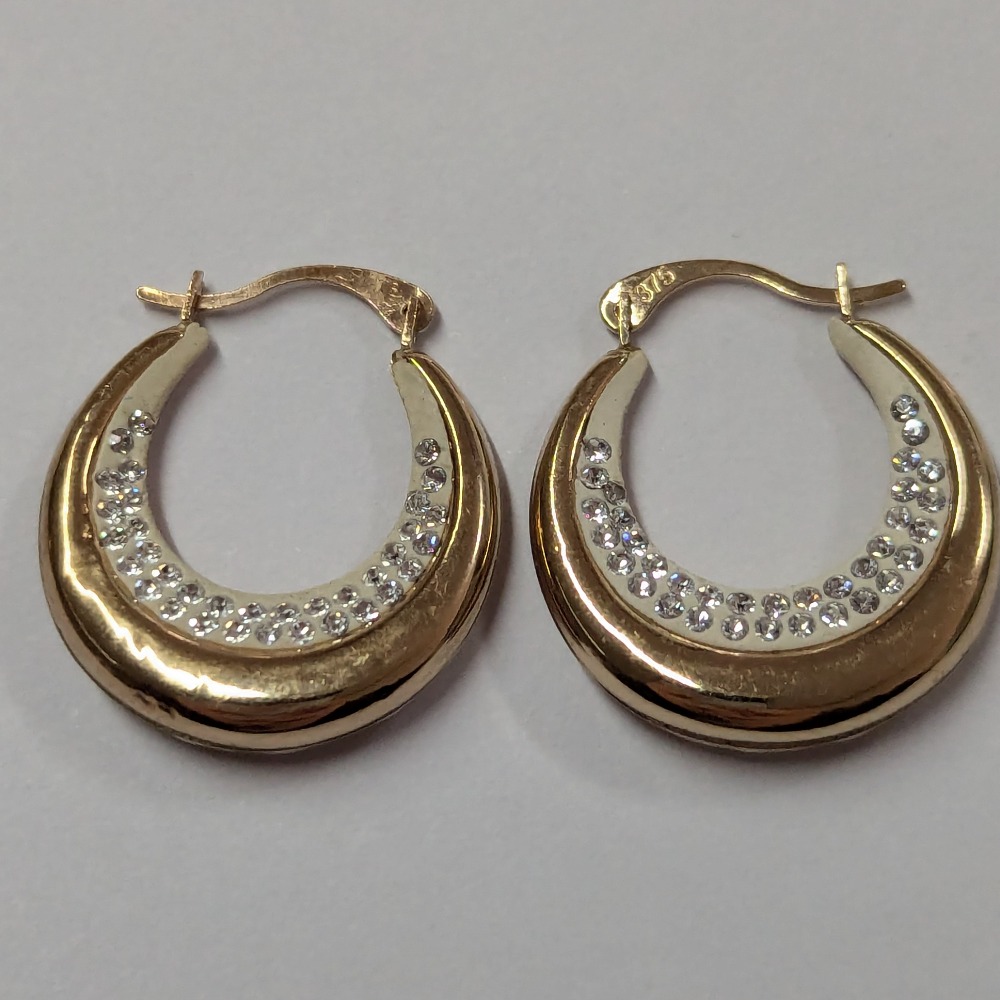 Product photo for 9ct Gold Sparkly CZ with Silicone Hoop Earrings A Dent on One earring