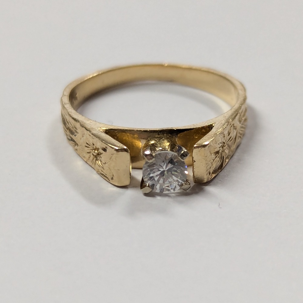 Product photo for 14ct Gold CZ Engagement Ring with Floral Pattern Band Size K