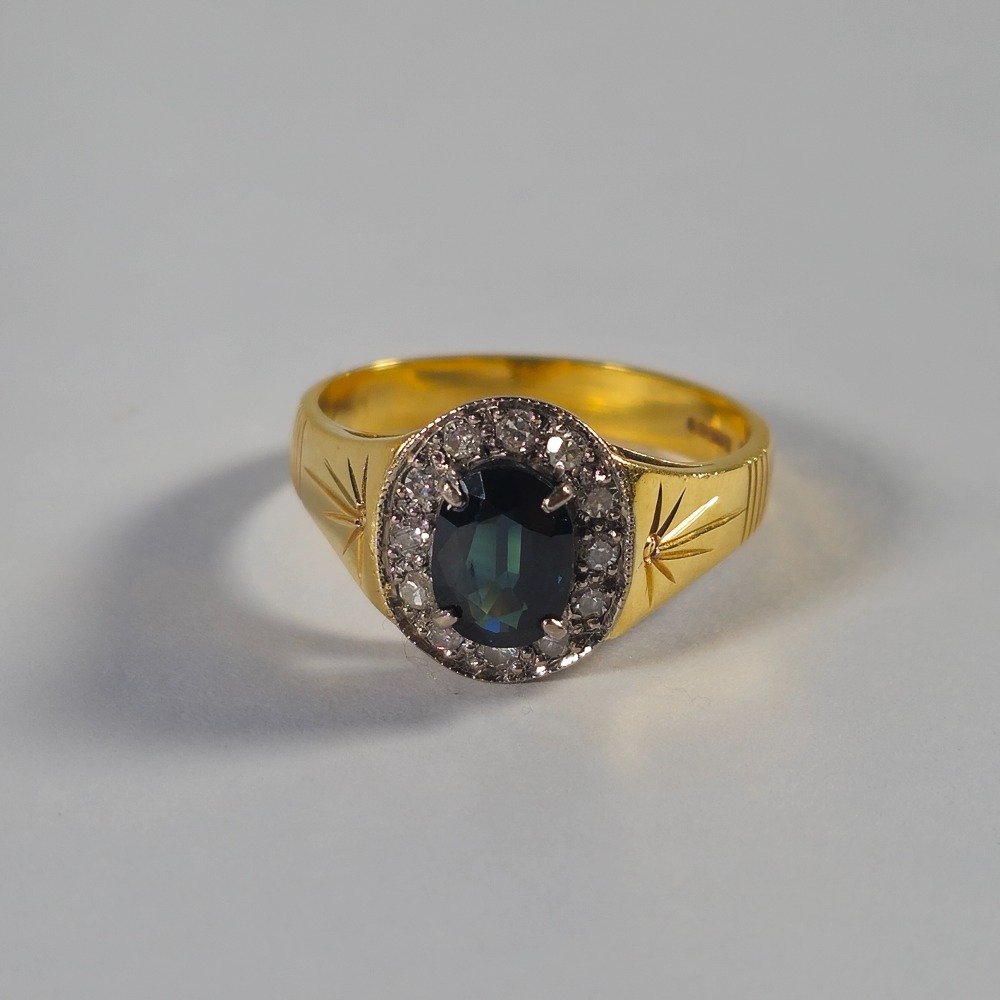 Product photo for 18ct Gold Oval Blue Sapphire & Diamond Ring Size P
