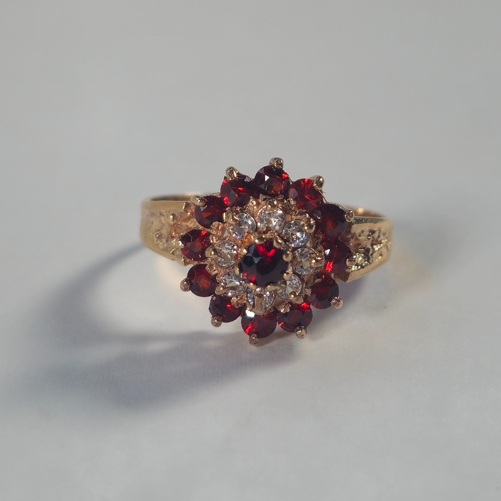 Product photo for 9ct Gold Dark Orange/Red and White Stone Flower Ring Size Q