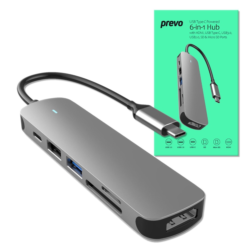 Product photo for Preevo USB-C 6-in-1 Hub Docking Station