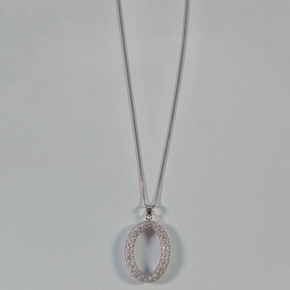 Product photo for 9ct White Gold Chain & a Crystal in Mesh Oval Pendant 18