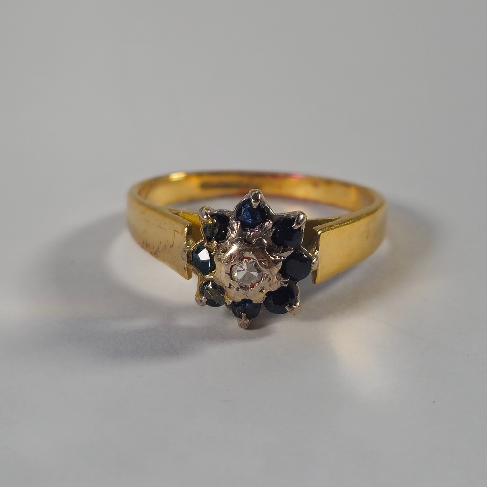Product photo for 18ct Gold Diamond & Sapphire Flower Ring Size O