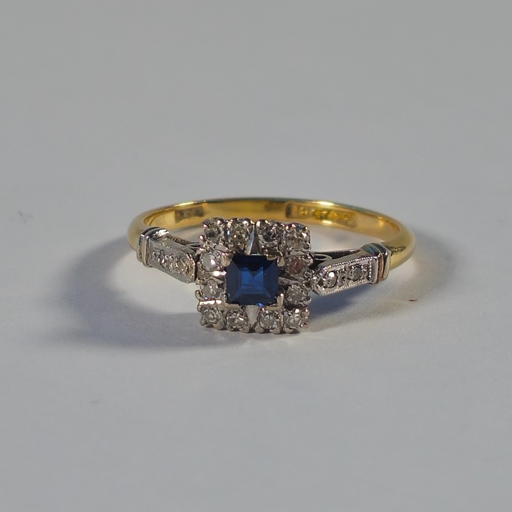 Product photo for 18ct Gold Square Sapphire & Tiny Diamond Vintage Engagement Ring Size N