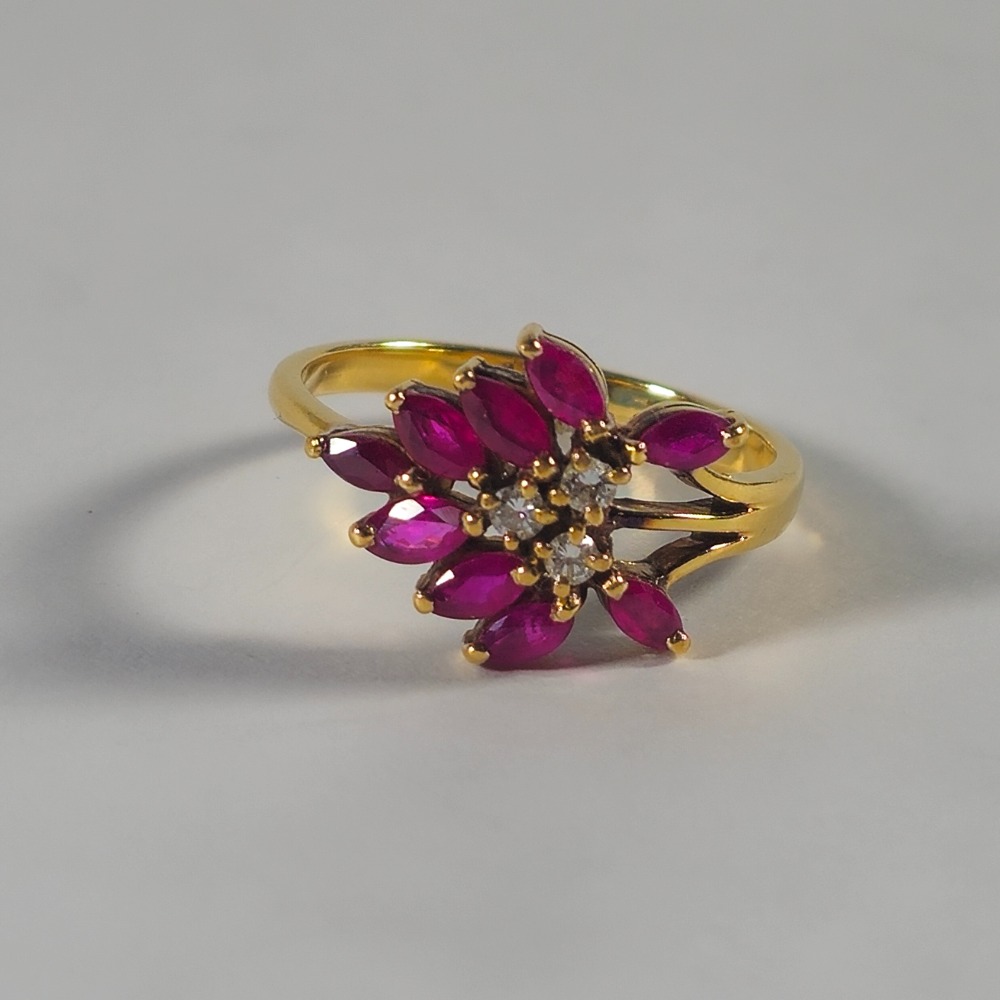Product photo for 18ct Gold Marquise-Shaped Ruby & Round Diamond Ring Size P