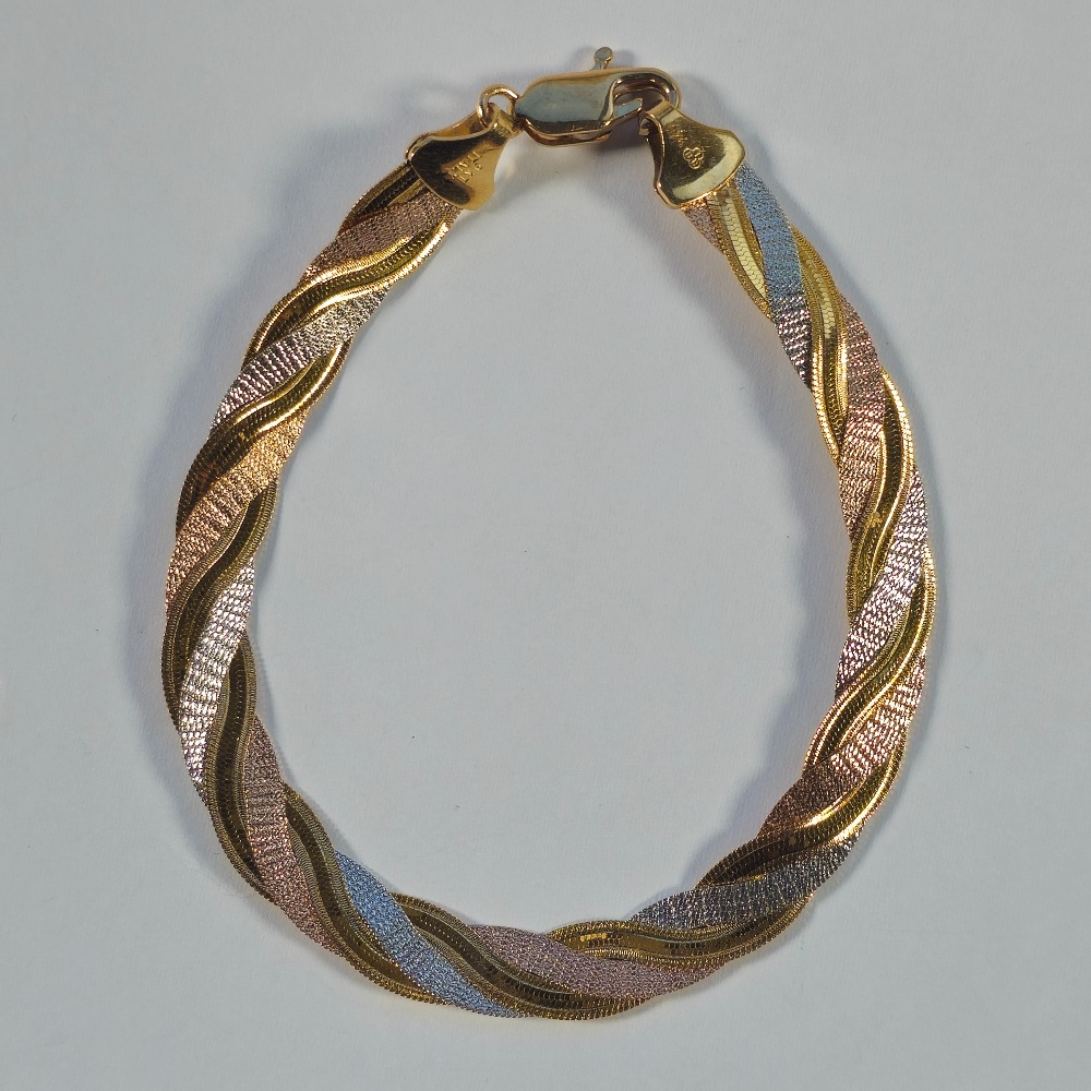 Product photo for 9ct Gold 3-tone Braided Flat Bracelet 7.5