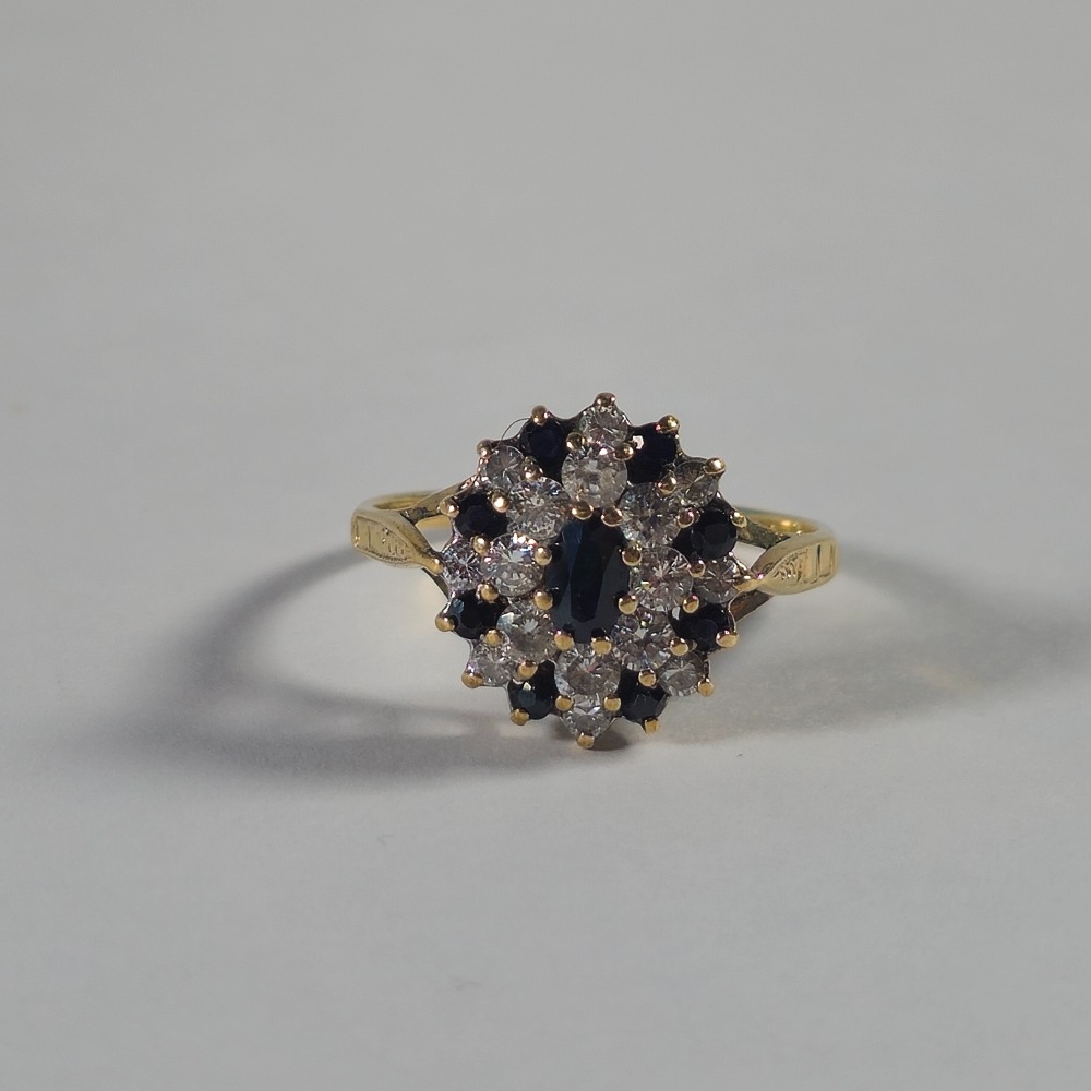 Product photo for 9ct Gold Blue & White *C*Z Cluster Big Flower Ring Size P