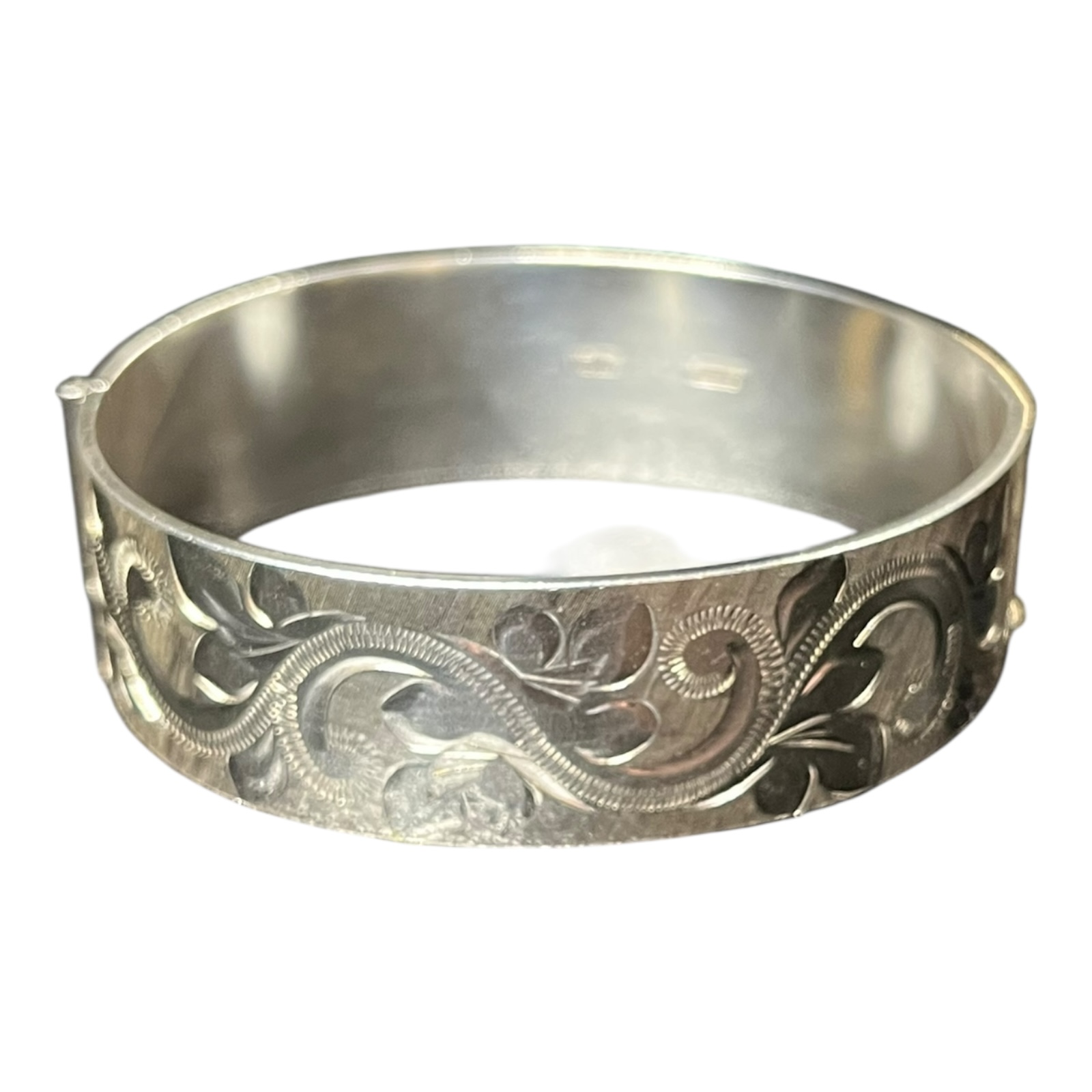 Product photo for Hinged Silver Bangle with Engraved Design