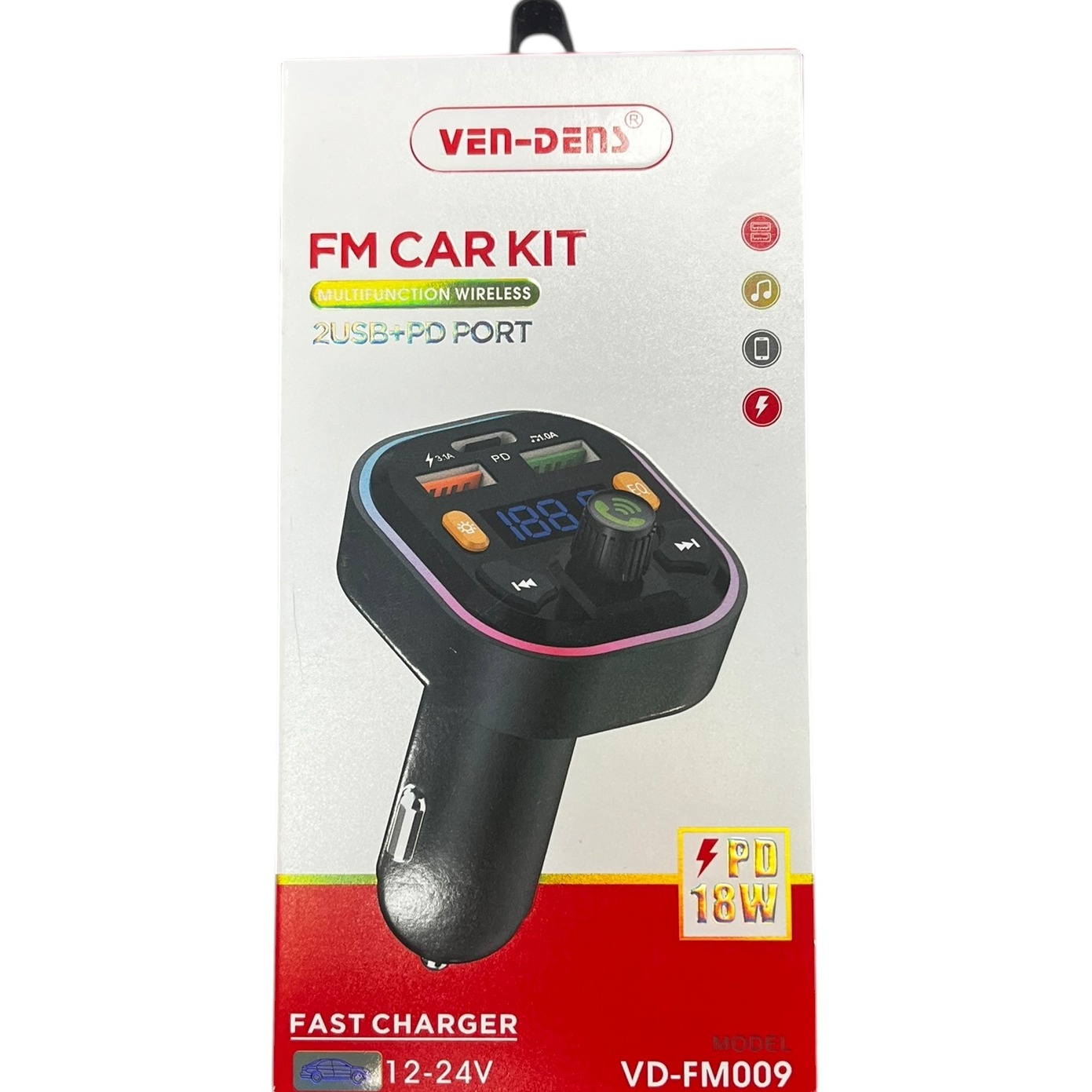 Product photo for New: Ven-Dens Car Charger & Bluetooth Adapter - 12-24V (18W, 2x USB + PD Port)