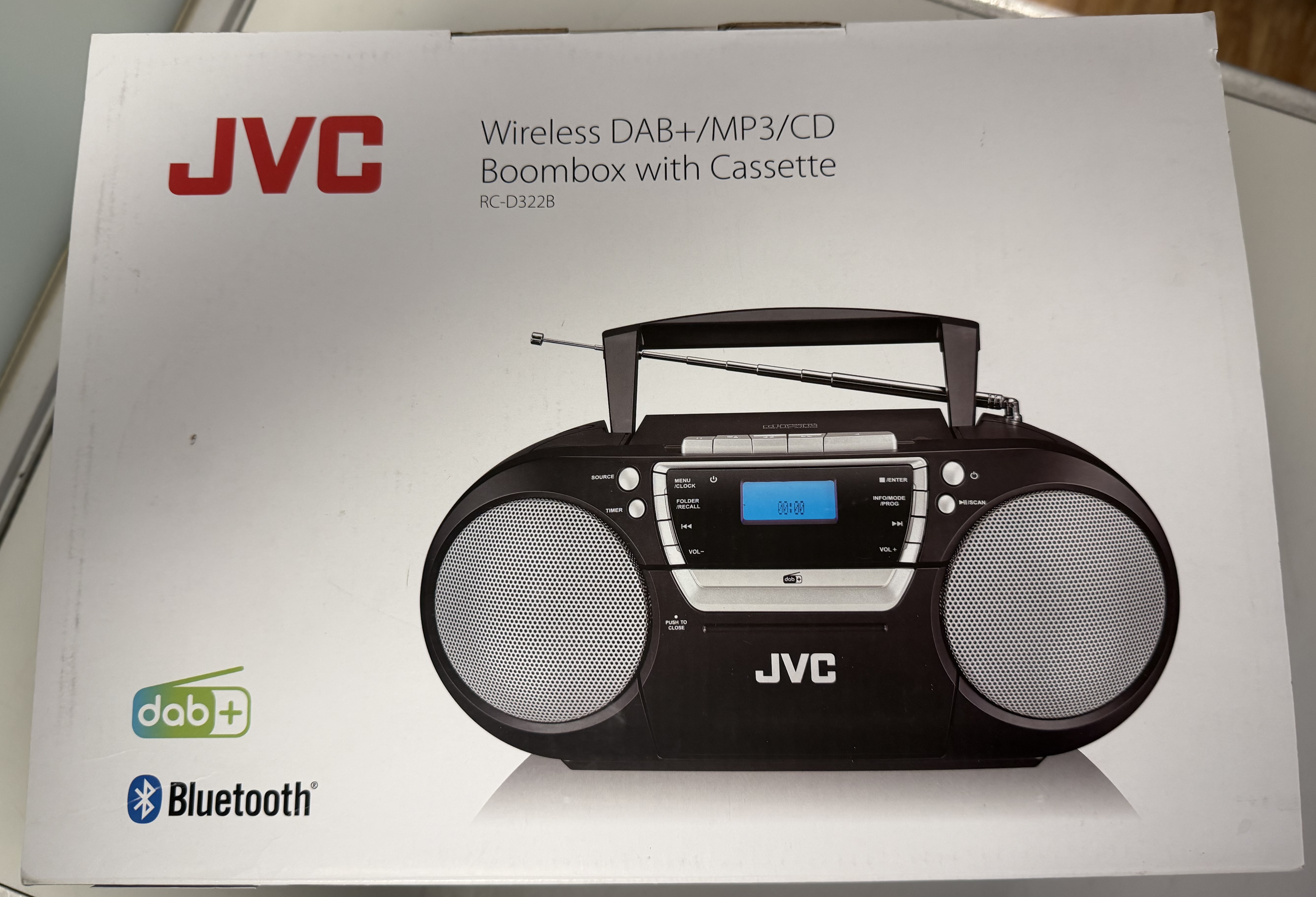 Product photo for JVC RC-D322B Wireless DAB+ / Bluetooth Boombox with CD and Cassette.