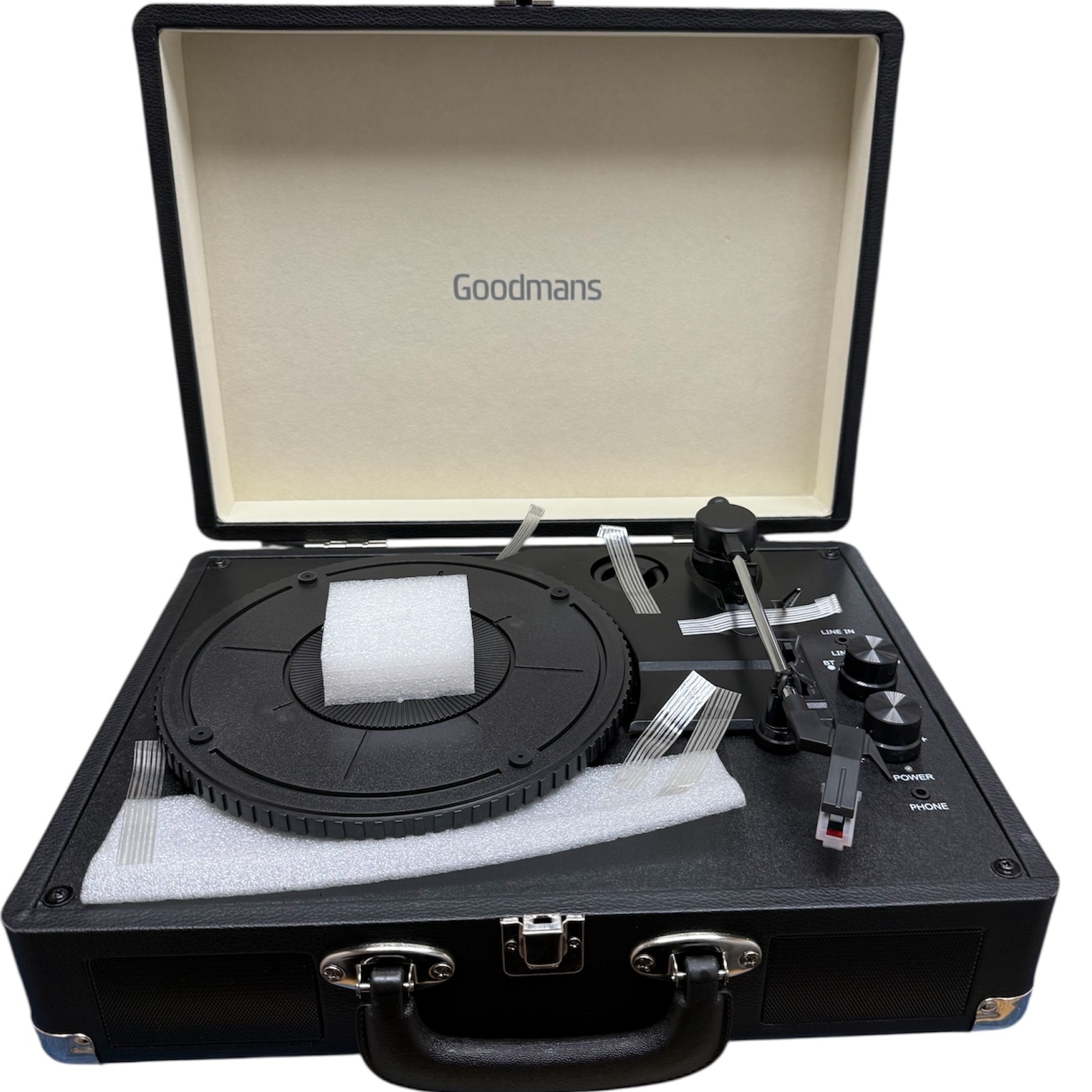 Product photo for GOODMANS 347753 Revive Portable Suitcase Turntable Record Player In Blac