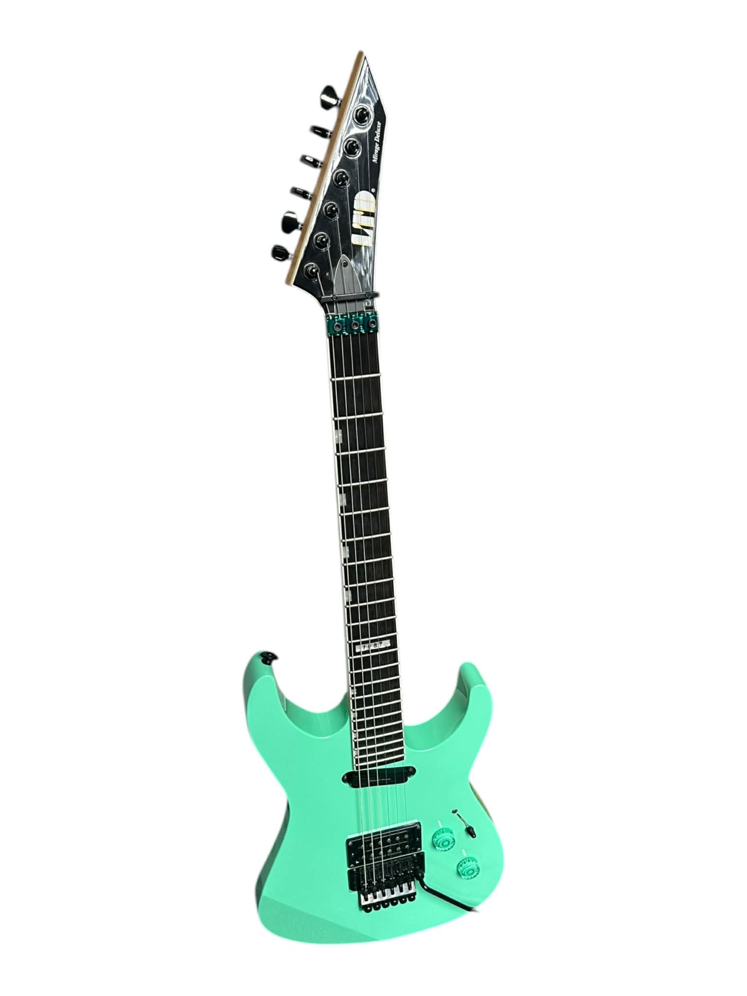 Product photo for ESP Ltd Mirage Deluxe ’87 Turquoise w/Upgraded Locking Nut, Volume & Tone Knobs