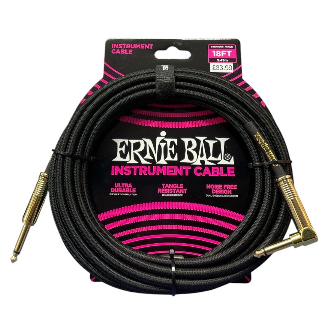 Product photo for Ernie Ball  18 ft Braided Straight Angle Instrument Cable Black P06086
