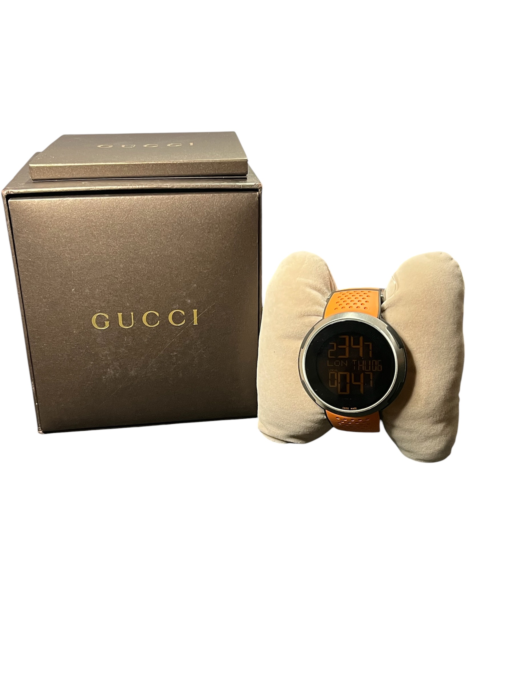 Product photo for Gucci I-Gucci YA114208 Orange Rubber Digital Men's Watch Boxed