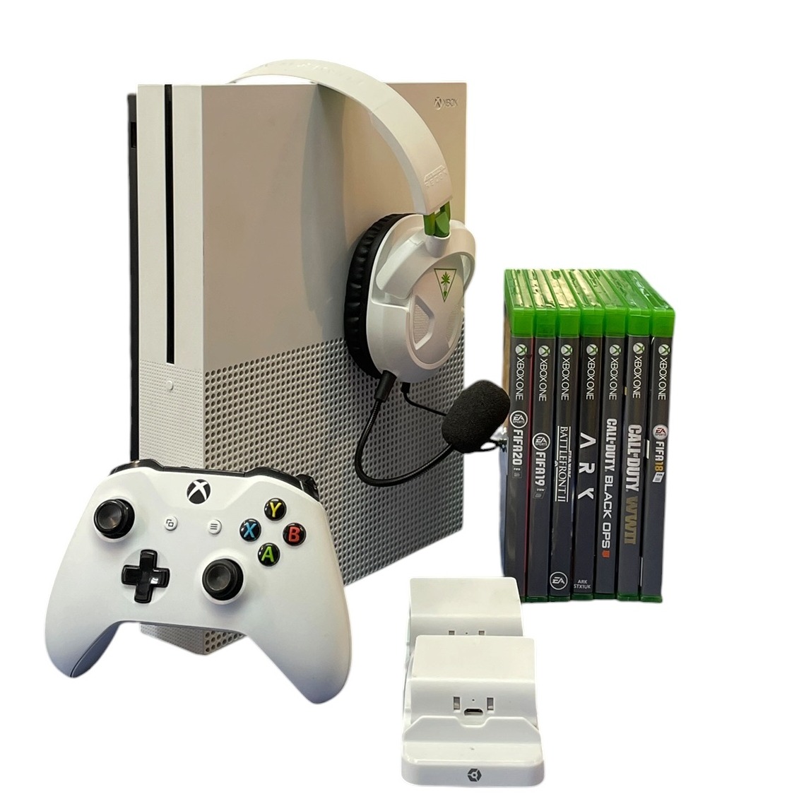 Product photo for Microsoft  Xbox One S 500GB Bundle, with Controller, Headset, Charging Dock & Games