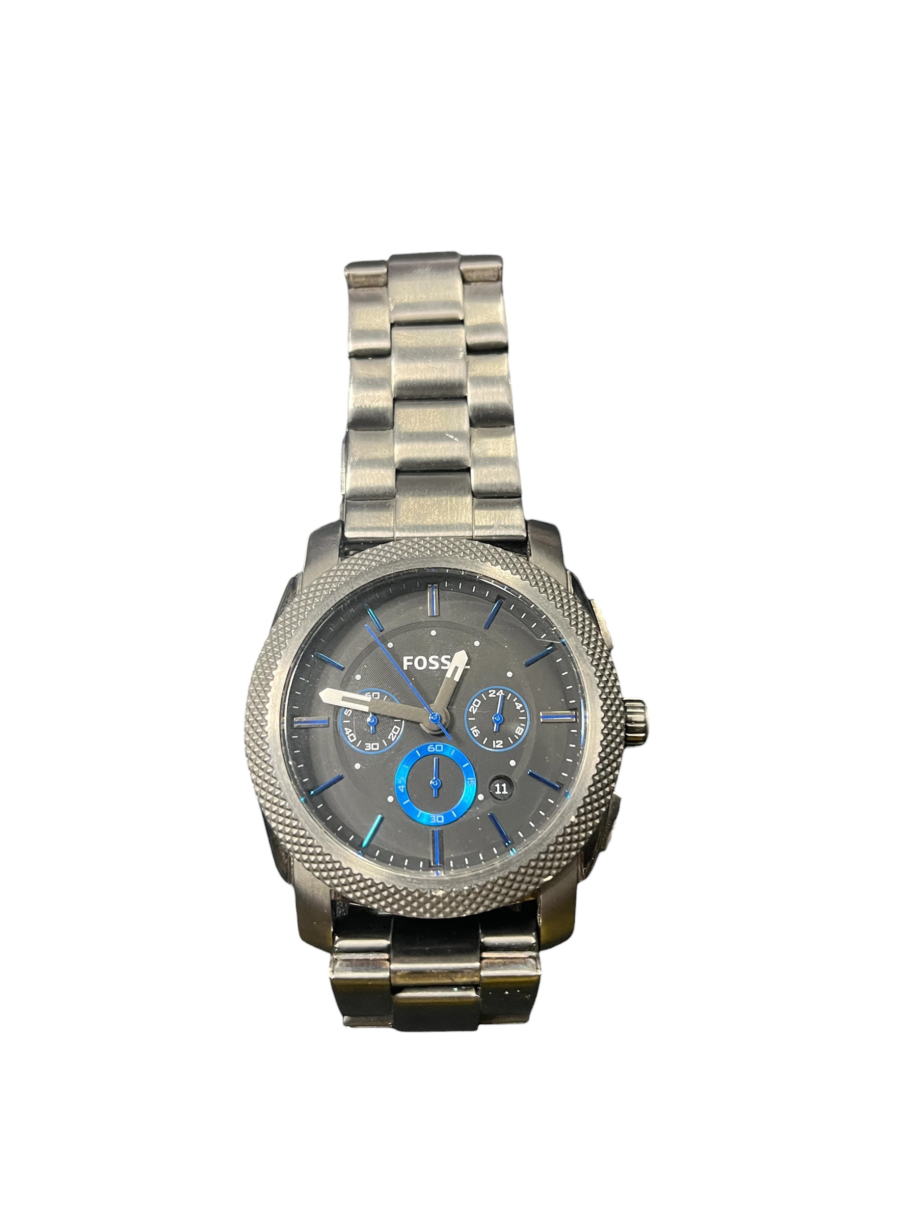 Product photo for Fossil Machine Stainless Steel Chronograph Mens Watch Black Blue Ring Used