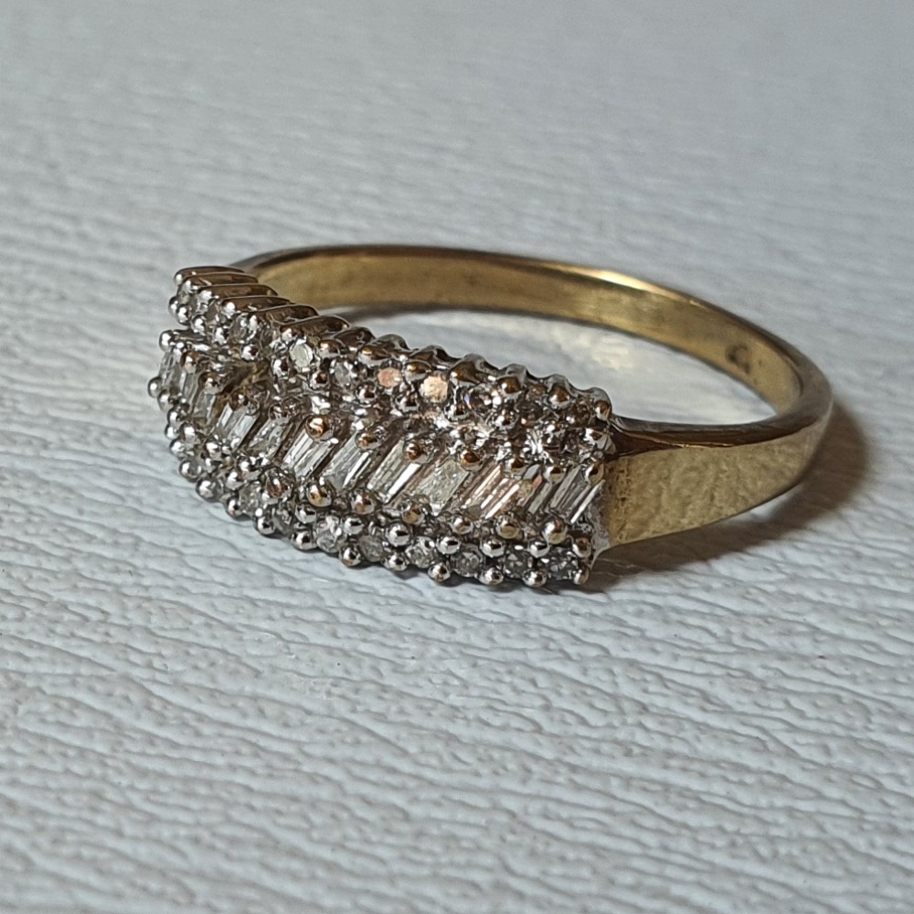 Product photo for 9ct Yellow Gold Round & Baguette Diamonds Dress Ring Size N1/2 QVC